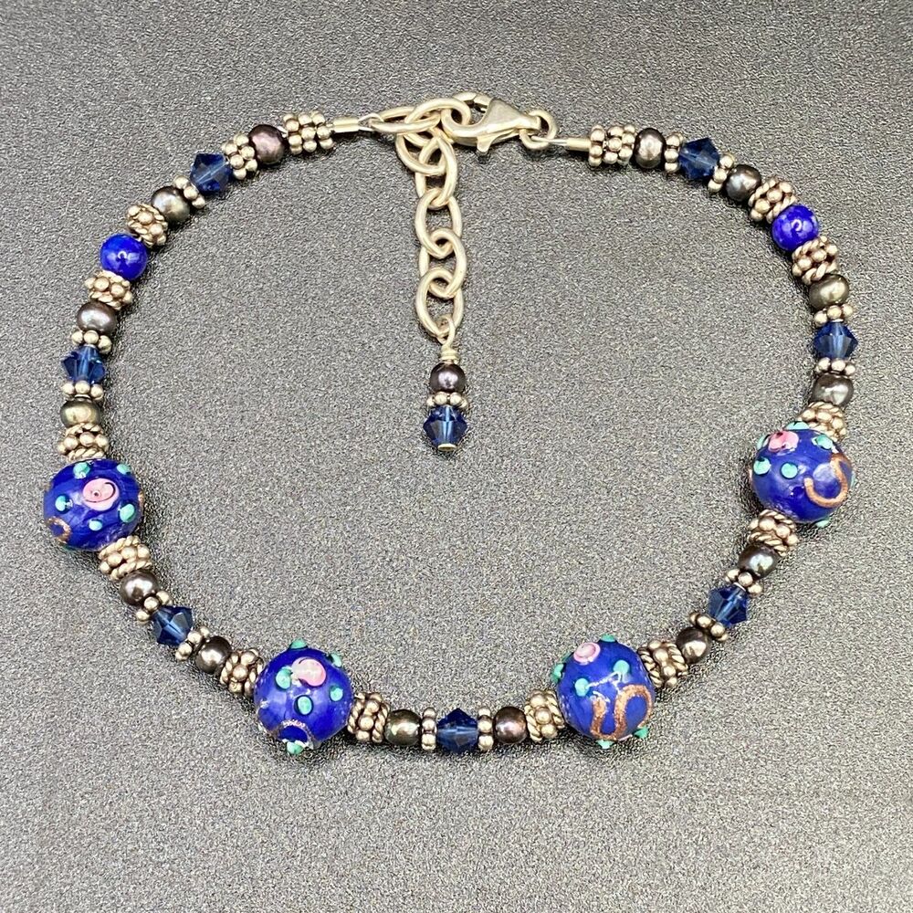 Lampwork Glass & Crystal Bead Bracelet Handmade Adjustable Boho Chic Artisan